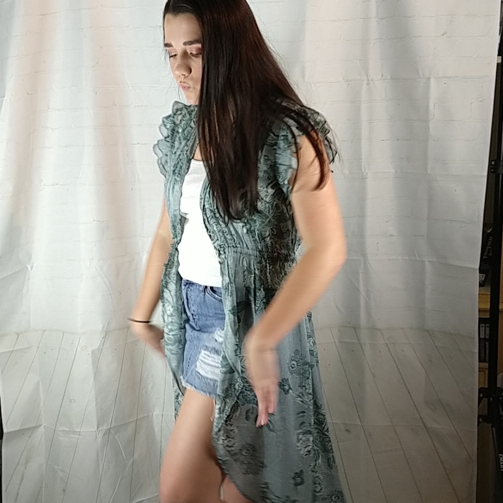 Long Sage Green Flowy Sheer Duster Vest Cover-up - Picture 3 of 7